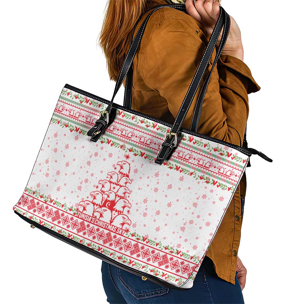 Tunisia Christmas Leather Tote Bag with Red Falcon Tree White Snowflake Pattern and Festive Borders - Wonder Print Shop