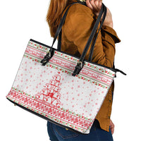 Tunisia Christmas Leather Tote Bag with Red Falcon Tree White Snowflake Pattern and Festive Borders - Wonder Print Shop