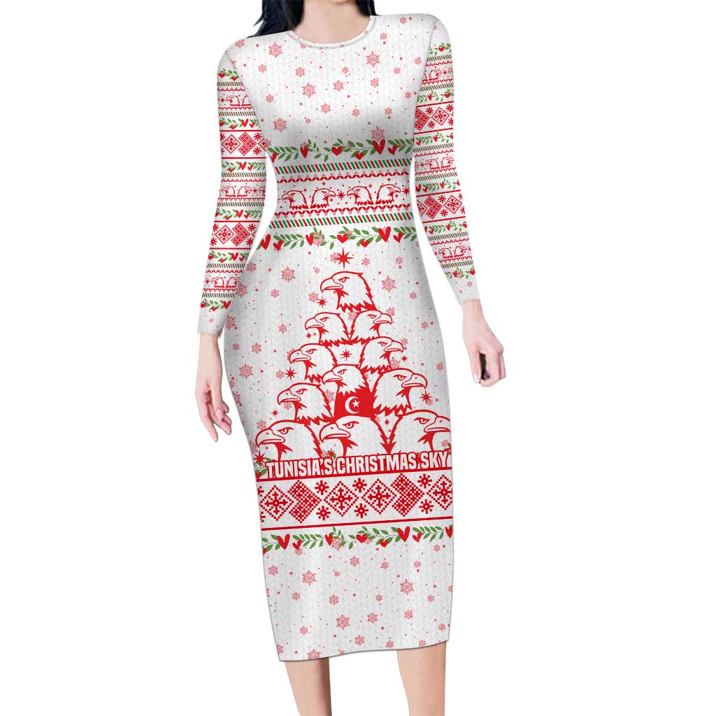 Tunisia Christmas Long Sleeve Bodycon Dress with Red Falcon Tree White Snowflake Pattern and Festive Borders - Wonder Print Shop