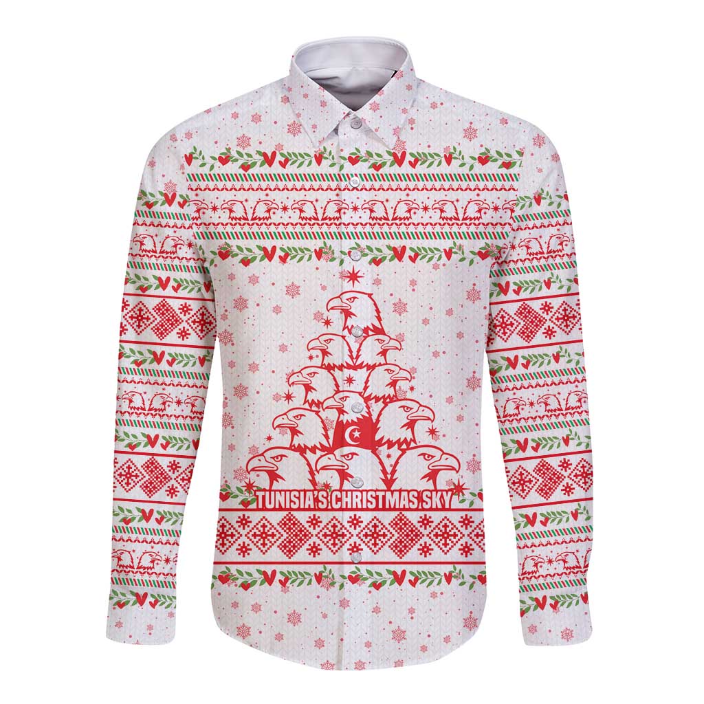 Tunisia Christmas Long Sleeve Button Shirt with Red Falcon Tree White Snowflake Pattern and Festive Borders - Wonder Print Shop