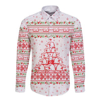 Tunisia Christmas Long Sleeve Button Shirt with Red Falcon Tree White Snowflake Pattern and Festive Borders - Wonder Print Shop