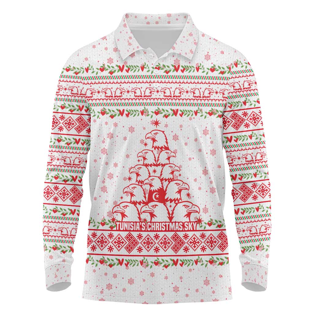 Tunisia Christmas Long Sleeve Polo Shirt with Red Falcon Tree White Snowflake Pattern and Festive Borders - Wonder Print Shop