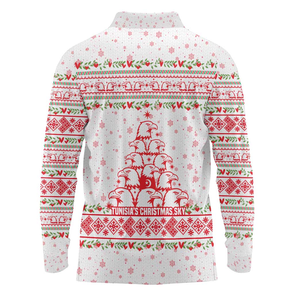 Tunisia Christmas Long Sleeve Polo Shirt with Red Falcon Tree White Snowflake Pattern and Festive Borders - Wonder Print Shop