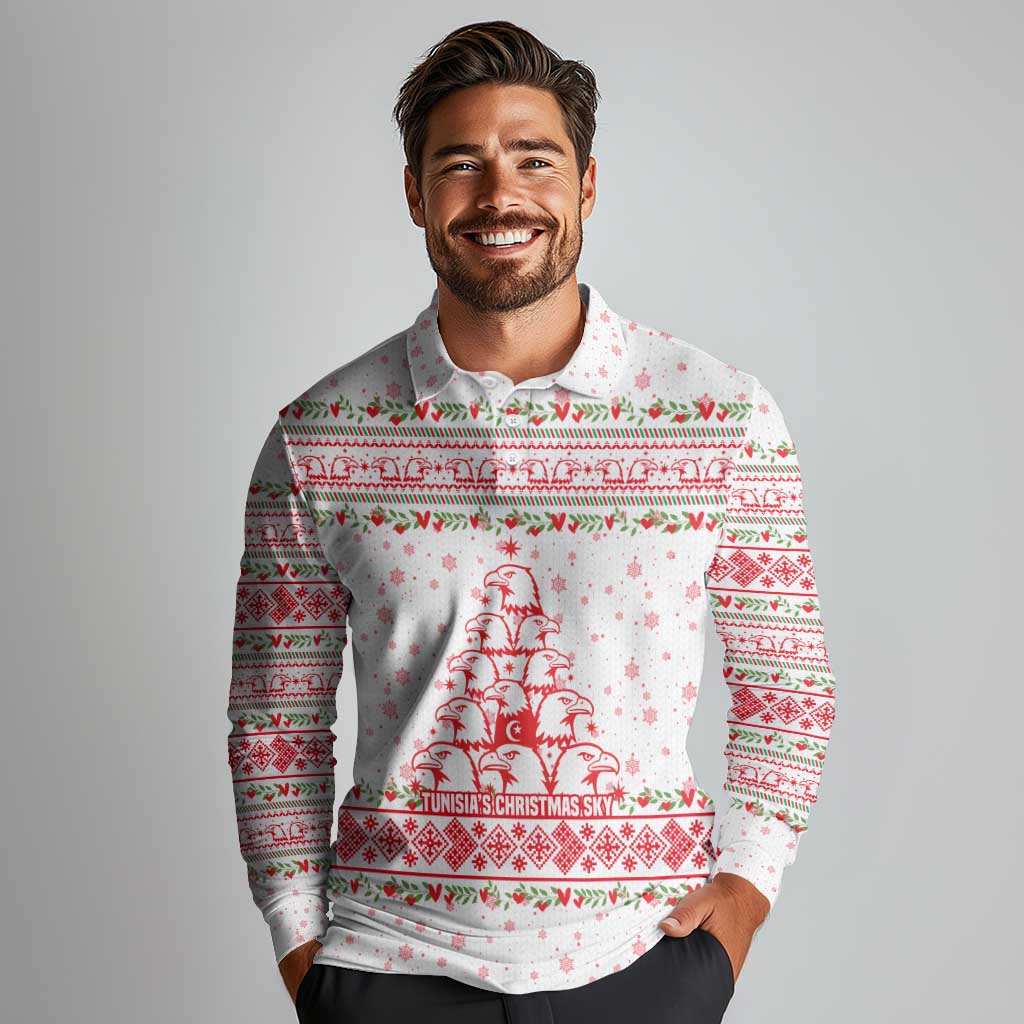 Tunisia Christmas Long Sleeve Polo Shirt with Red Falcon Tree White Snowflake Pattern and Festive Borders - Wonder Print Shop