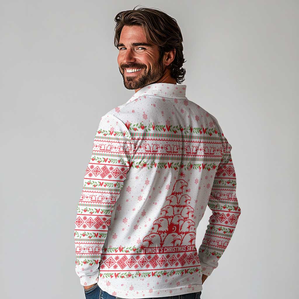 Tunisia Christmas Long Sleeve Polo Shirt with Red Falcon Tree White Snowflake Pattern and Festive Borders - Wonder Print Shop