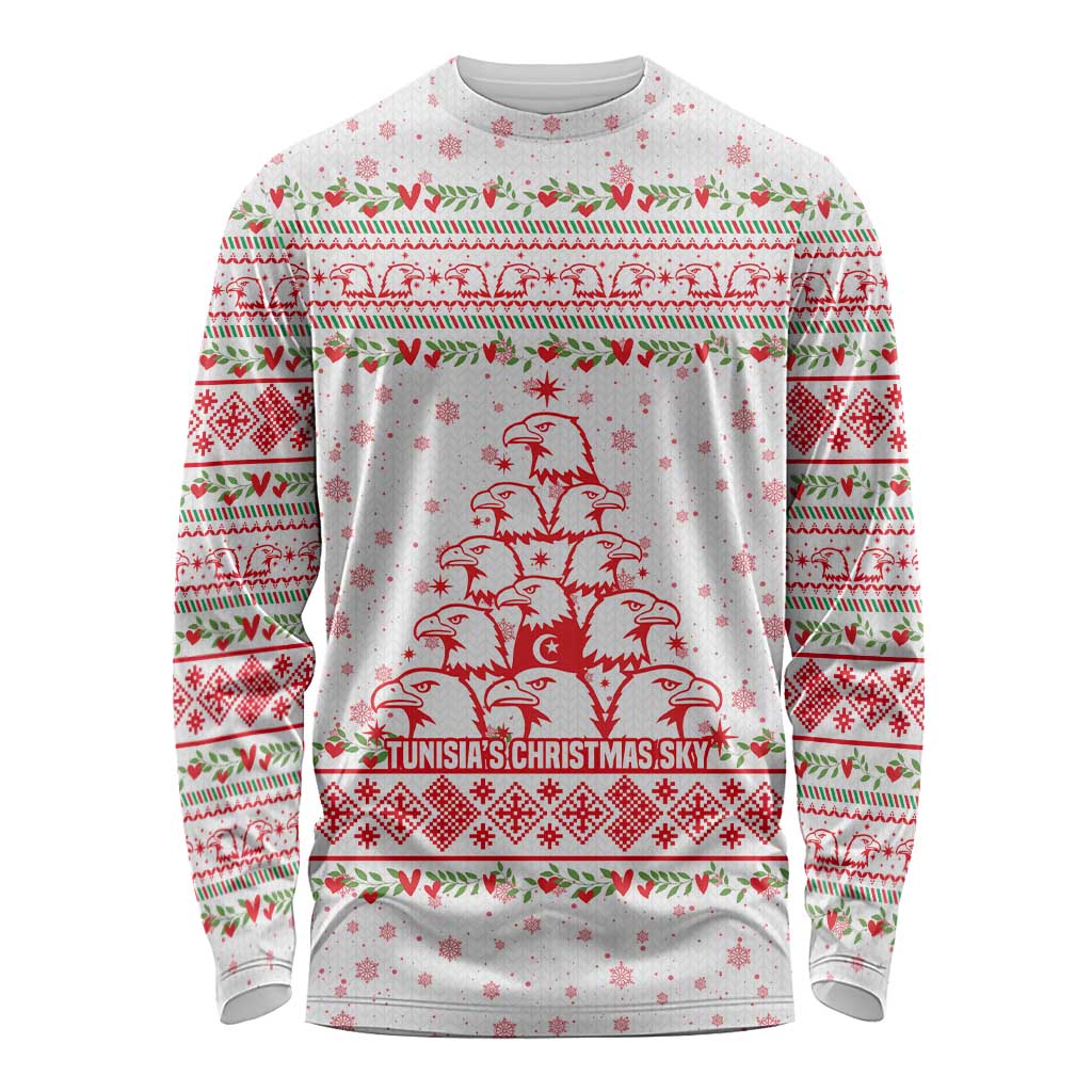 Tunisia Christmas Long Sleeve Shirt with Red Falcon Tree White Snowflake Pattern and Festive Borders - Wonder Print Shop