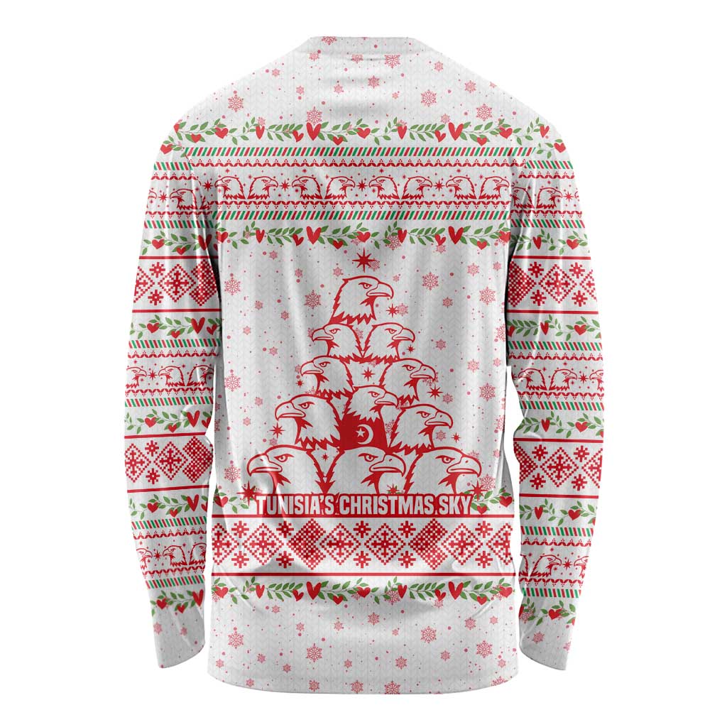 Tunisia Christmas Long Sleeve Shirt with Red Falcon Tree White Snowflake Pattern and Festive Borders - Wonder Print Shop