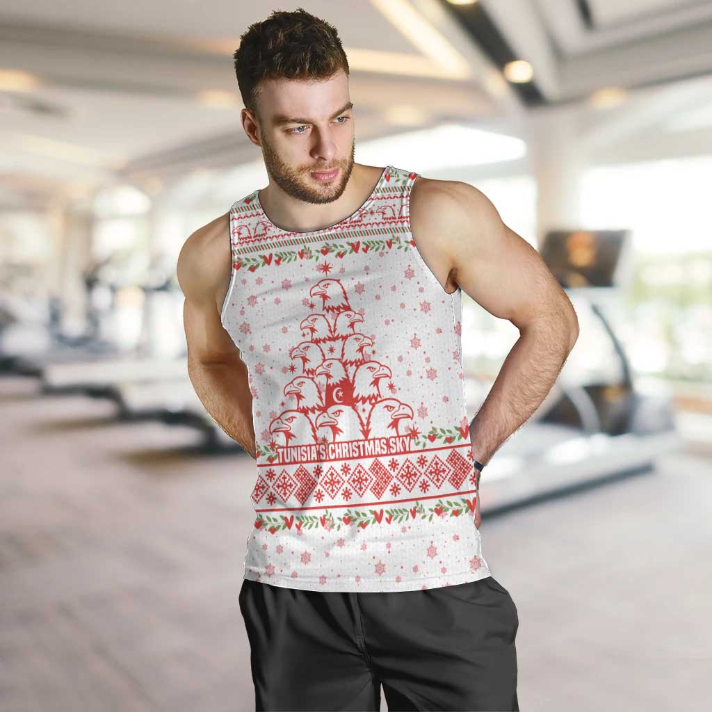 Tunisia Christmas Men Tank Top with Red Falcon Tree White Snowflake Pattern and Festive Borders - Wonder Print Shop