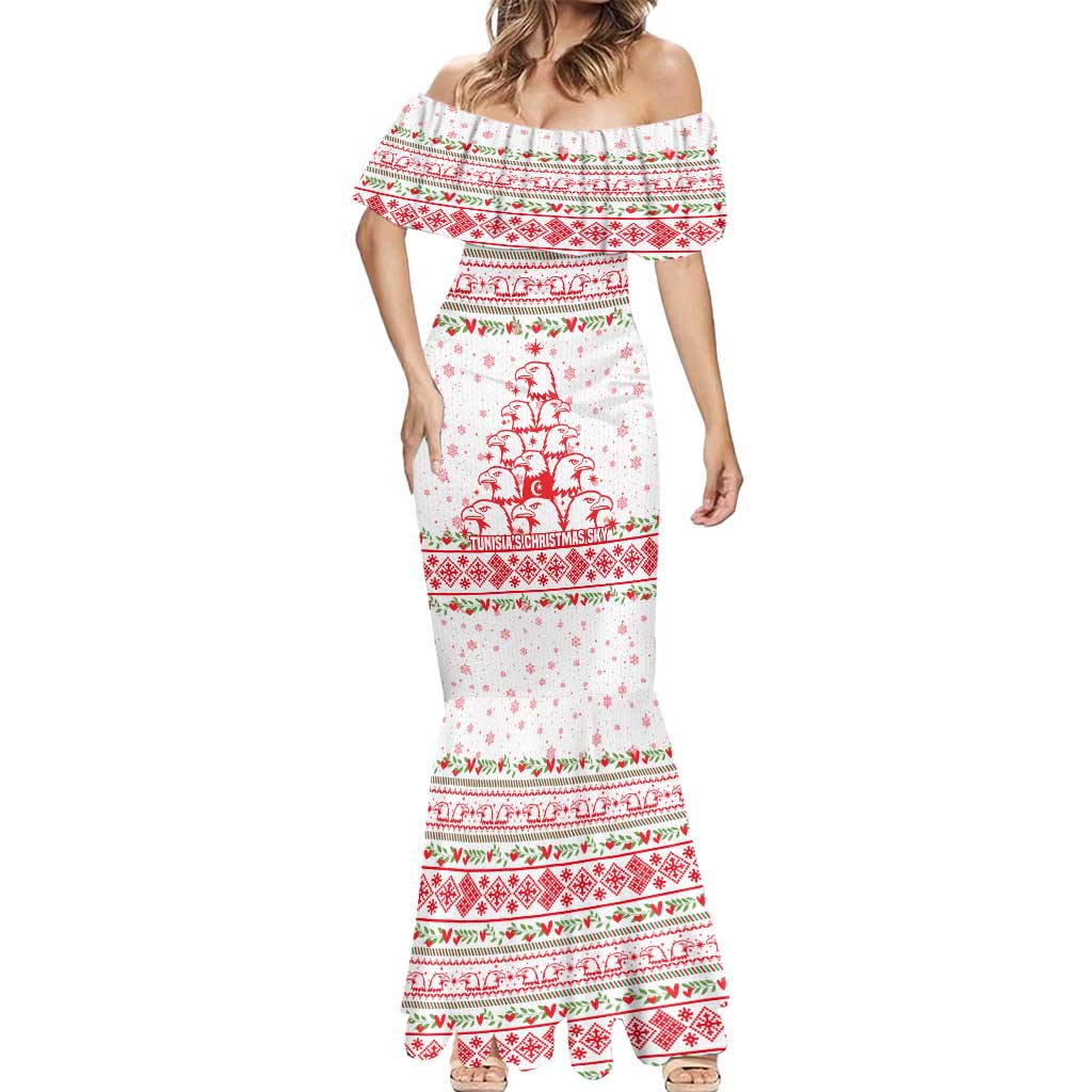 Tunisia Christmas Mermaid Dress with Red Falcon Tree White Snowflake Pattern and Festive Borders - Wonder Print Shop