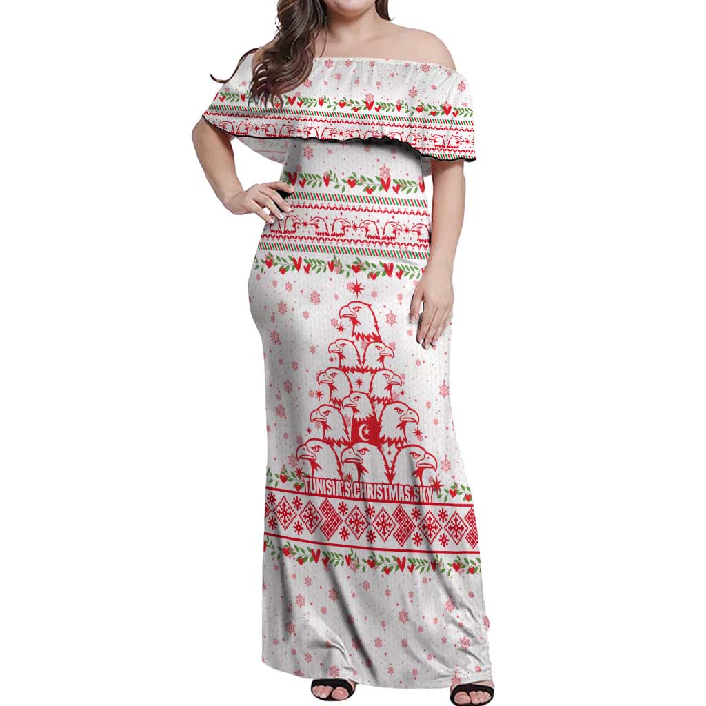 Tunisia Christmas Off Shoulder Maxi Dress with Red Falcon Tree White Snowflake Pattern and Festive Borders - Wonder Print Shop