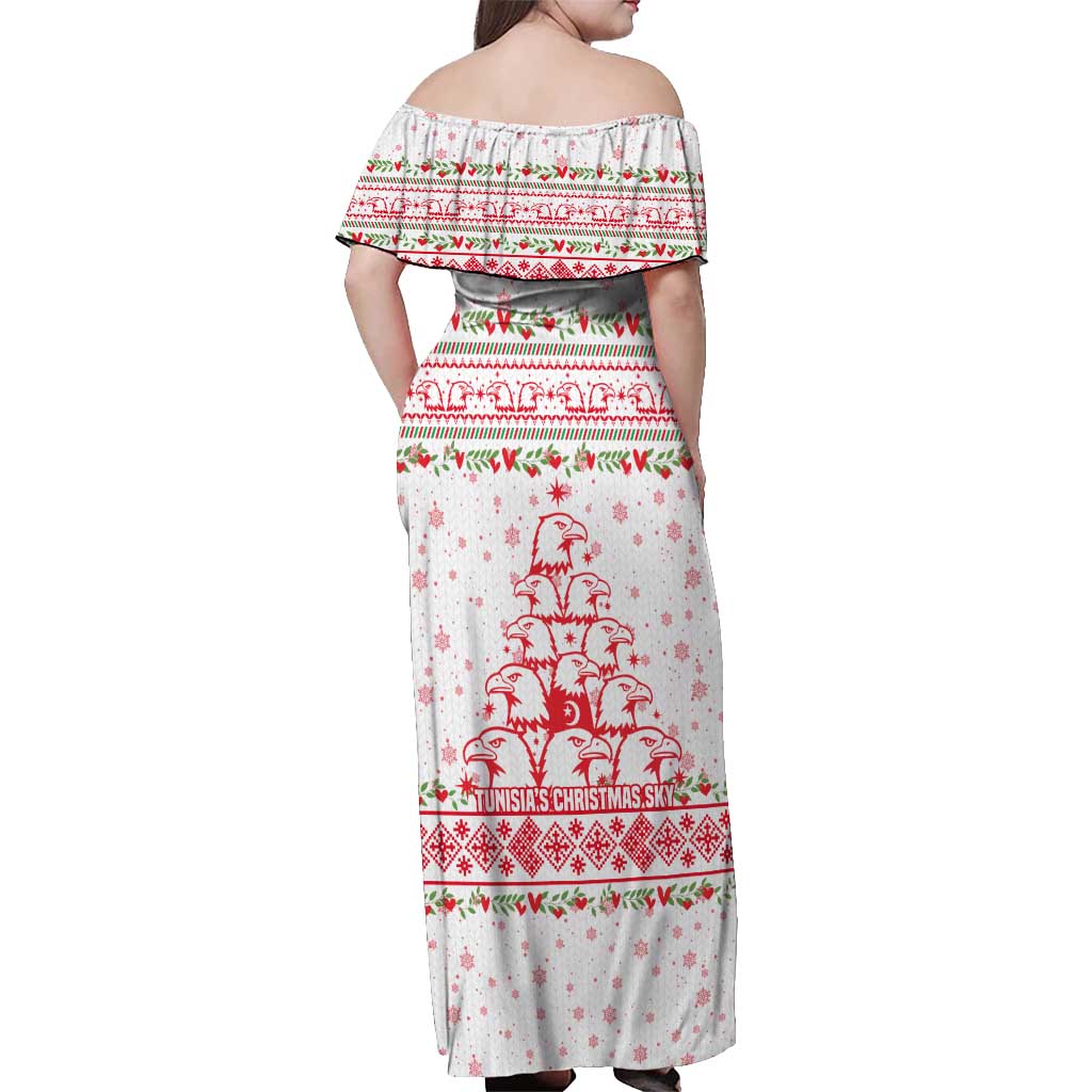 Tunisia Christmas Off Shoulder Maxi Dress with Red Falcon Tree White Snowflake Pattern and Festive Borders - Wonder Print Shop