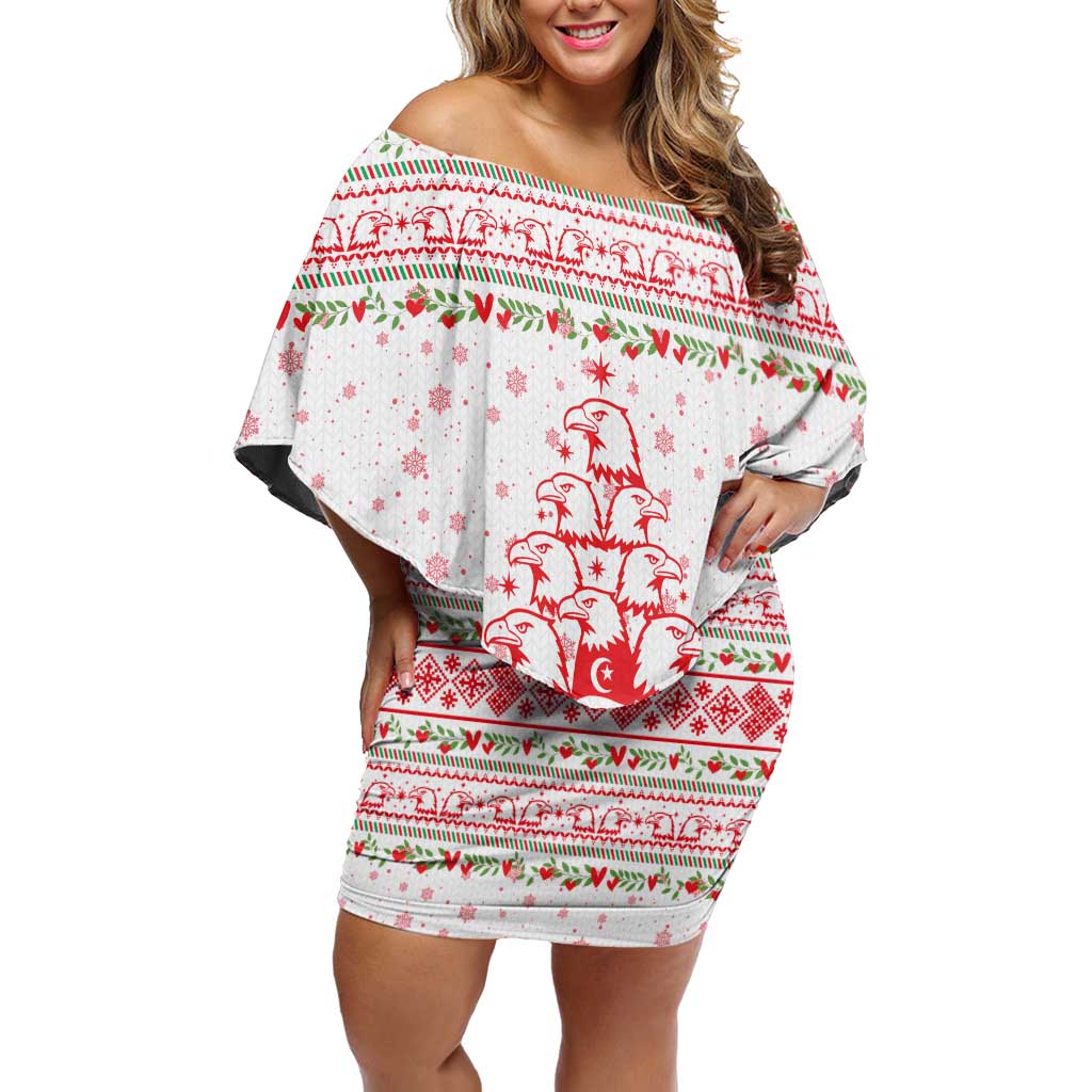 Tunisia Christmas Off Shoulder Short Dress with Red Falcon Tree White Snowflake Pattern and Festive Borders - Wonder Print Shop