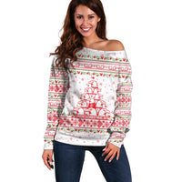 Tunisia Christmas Off Shoulder Sweater with Red Falcon Tree White Snowflake Pattern and Festive Borders - Wonder Print Shop