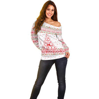 Tunisia Christmas Off Shoulder Sweater with Red Falcon Tree White Snowflake Pattern and Festive Borders - Wonder Print Shop