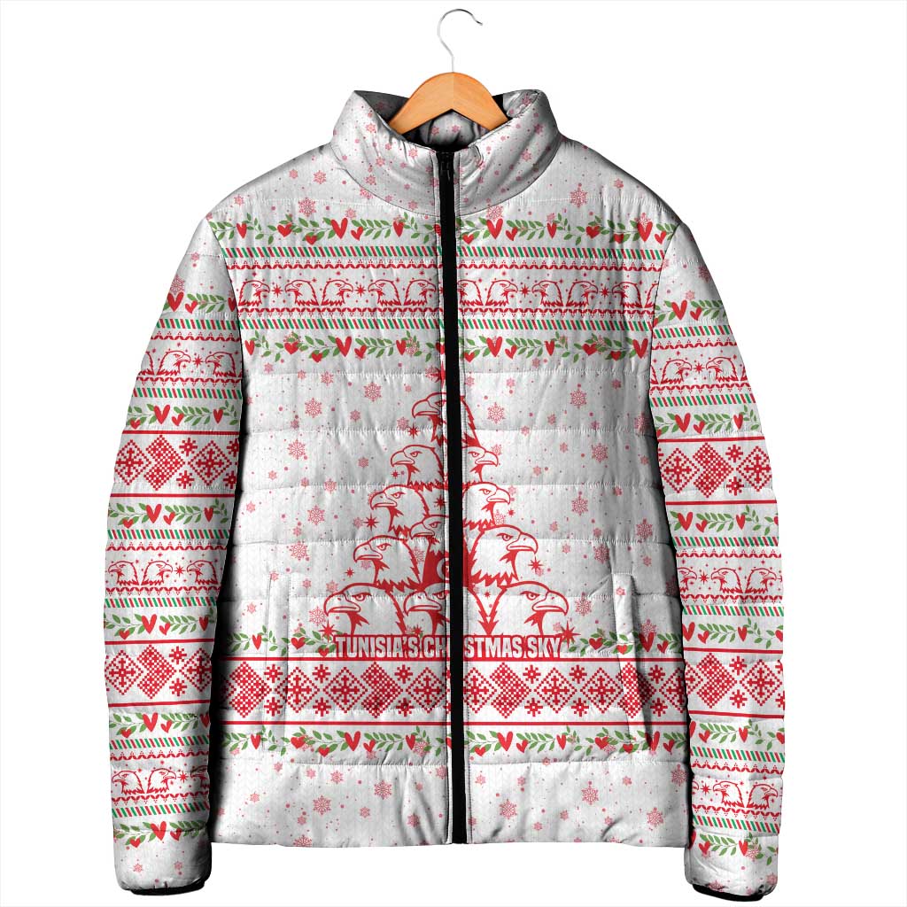 Tunisia Christmas Padded Jacket with Red Falcon Tree White Snowflake Pattern and Festive Borders - Wonder Print Shop