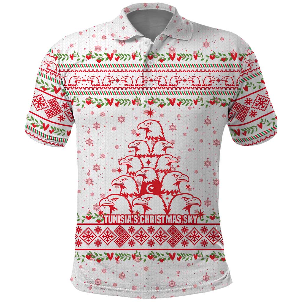 Tunisia Christmas Polo Shirt with Red Falcon Tree White Snowflake Pattern and Festive Borders - Wonder Print Shop