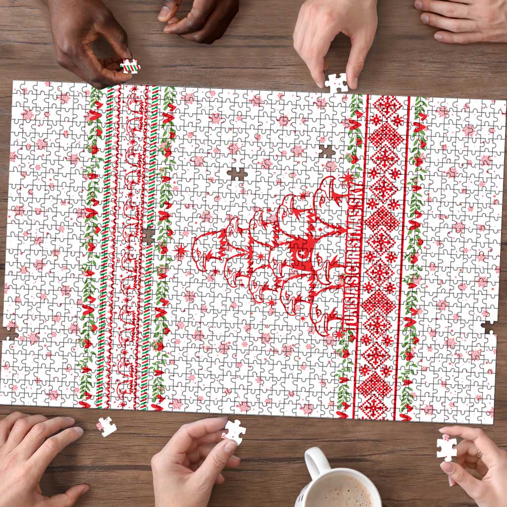 Tunisia Christmas Puzzle with Red Falcon Tree White Snowflake Pattern and Festive Borders - Wonder Print Shop