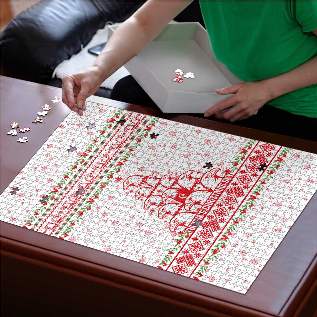 Tunisia Christmas Puzzle with Red Falcon Tree White Snowflake Pattern and Festive Borders - Wonder Print Shop