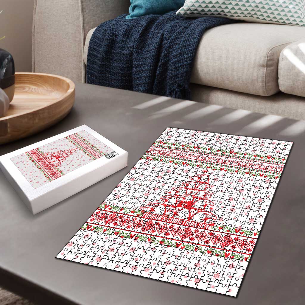 Tunisia Christmas Puzzle with Red Falcon Tree White Snowflake Pattern and Festive Borders - Wonder Print Shop