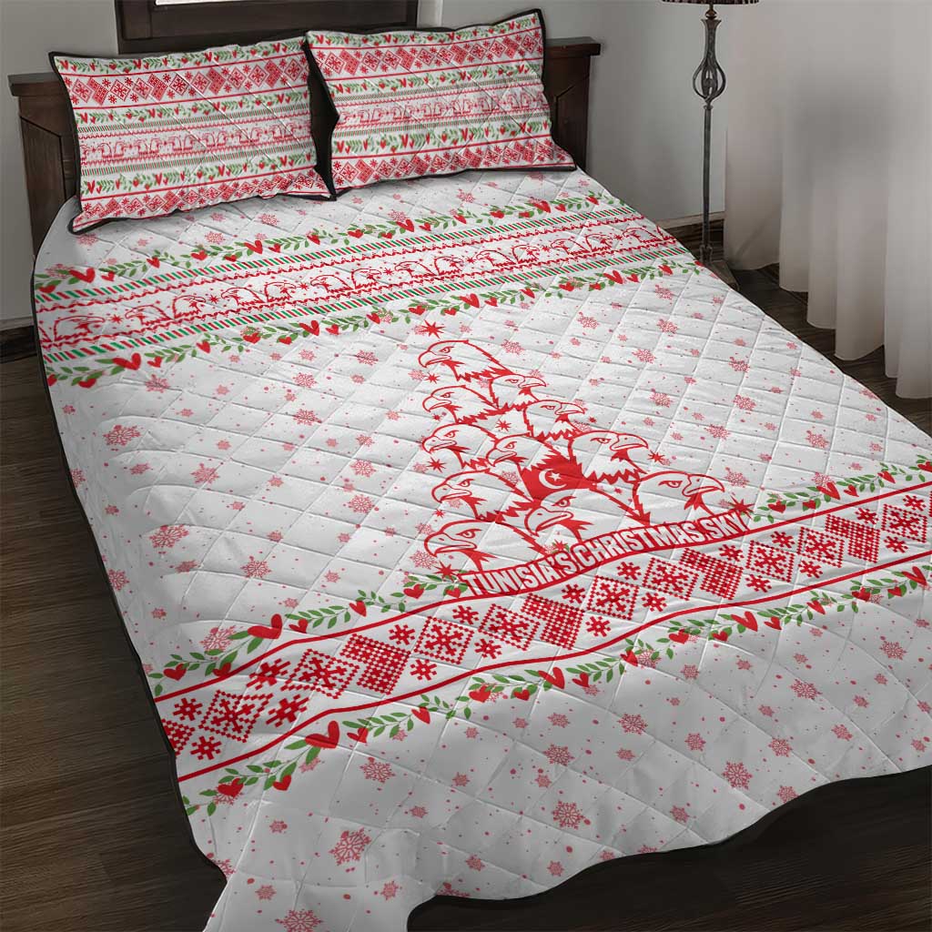 Tunisia Christmas Quilt Bed Set with Red Falcon Tree White Snowflake Pattern and Festive Borders - Wonder Print Shop