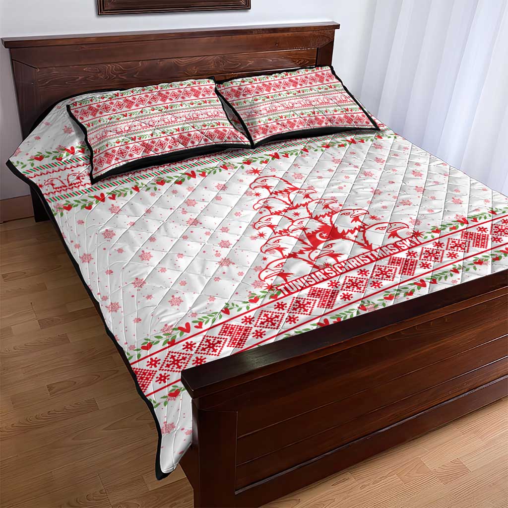 Tunisia Christmas Quilt Bed Set with Red Falcon Tree White Snowflake Pattern and Festive Borders - Wonder Print Shop