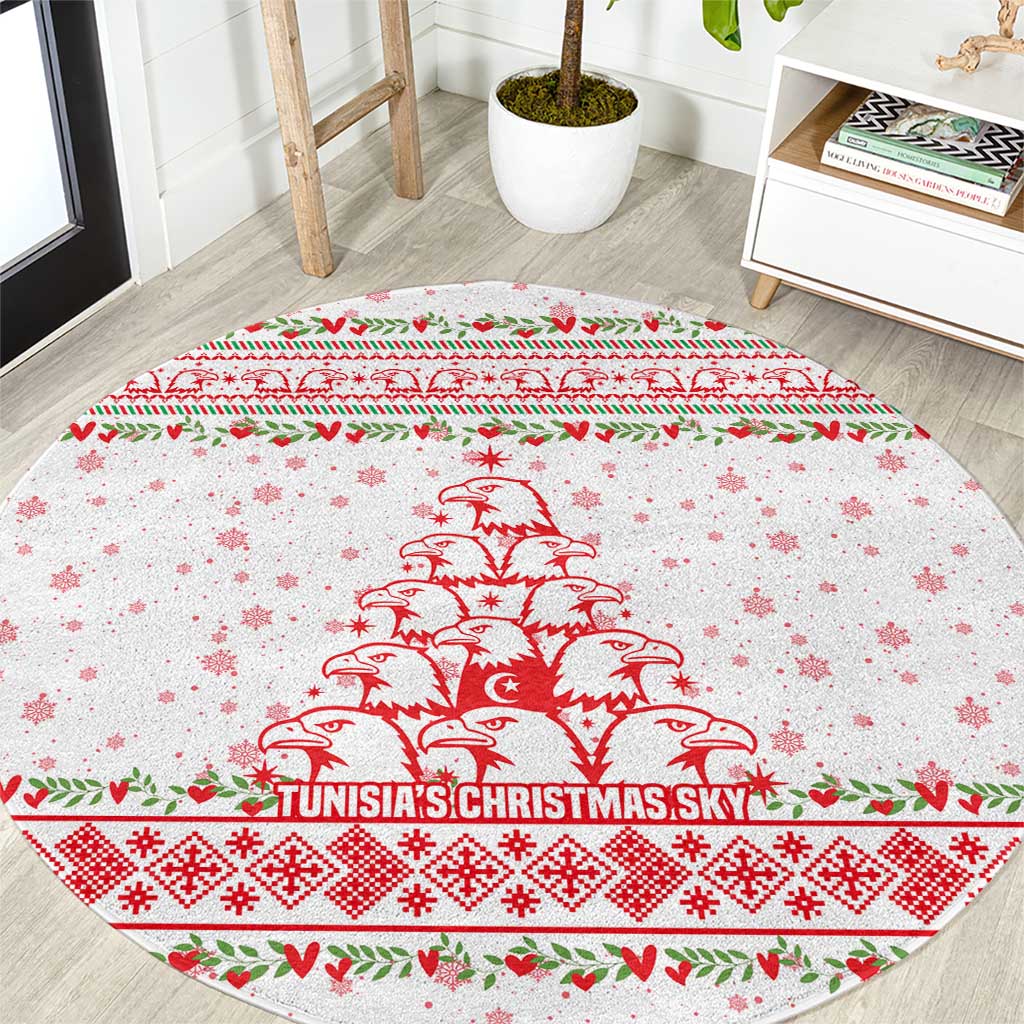 Tunisia Christmas Round Carpet with Red Falcon Tree White Snowflake Pattern and Festive Borders - Wonder Print Shop