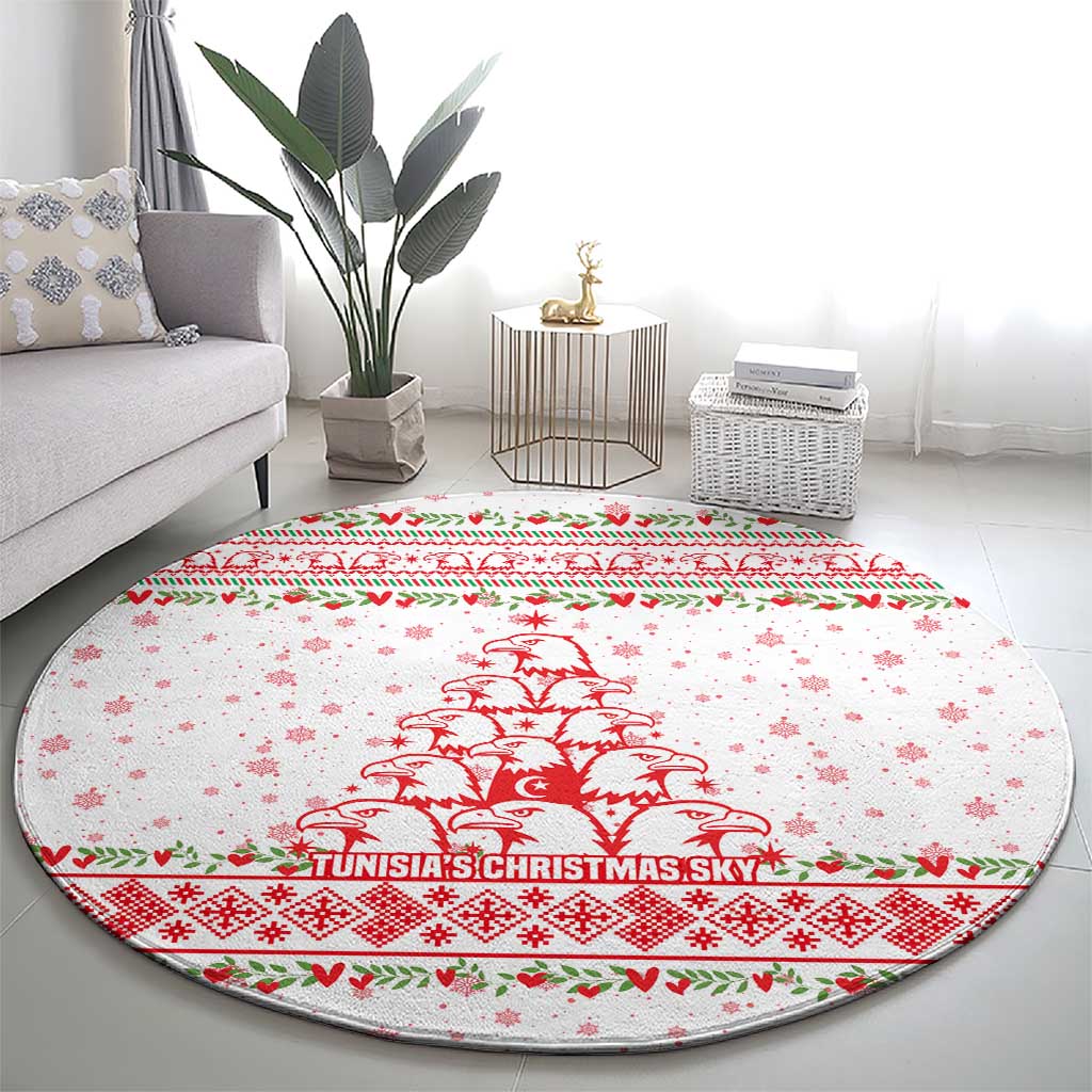 Tunisia Christmas Round Carpet with Red Falcon Tree White Snowflake Pattern and Festive Borders - Wonder Print Shop