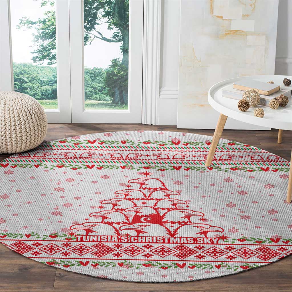 Tunisia Christmas Round Carpet with Red Falcon Tree White Snowflake Pattern and Festive Borders - Wonder Print Shop