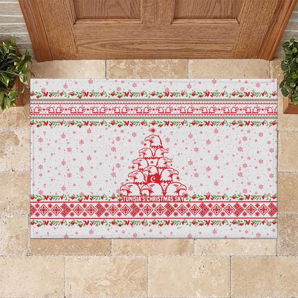 Tunisia Christmas Rubber Doormat with Red Falcon Tree White Snowflake Pattern and Festive Borders - Wonder Print Shop
