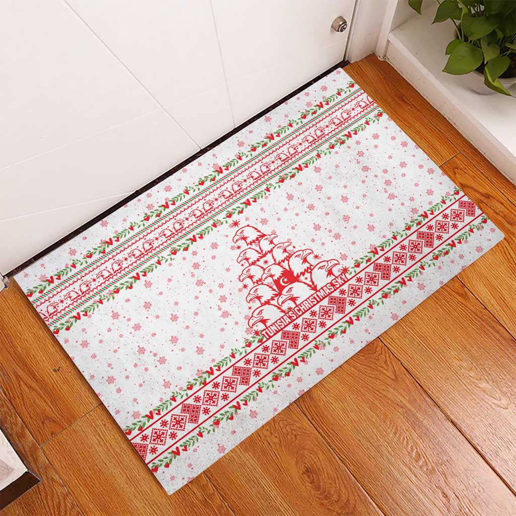 Tunisia Christmas Rubber Doormat with Red Falcon Tree White Snowflake Pattern and Festive Borders - Wonder Print Shop
