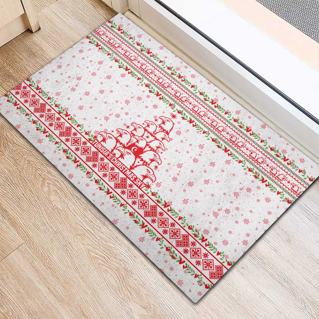 Tunisia Christmas Rubber Doormat with Red Falcon Tree White Snowflake Pattern and Festive Borders - Wonder Print Shop