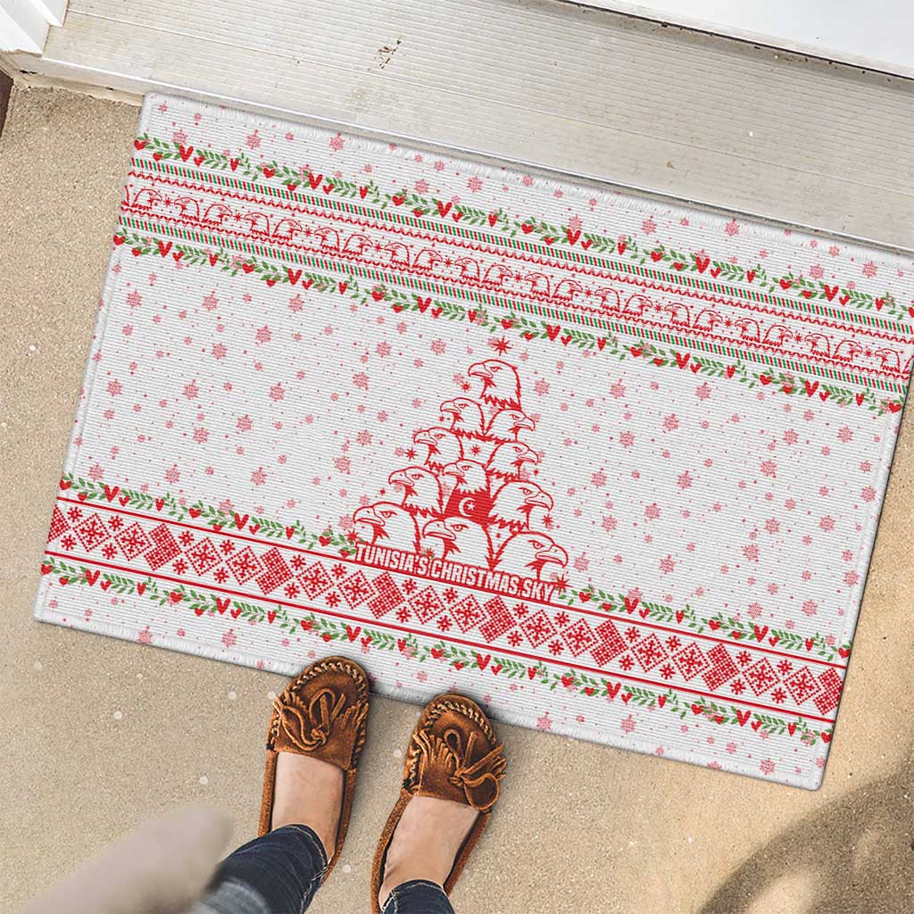 Tunisia Christmas Rubber Doormat with Red Falcon Tree White Snowflake Pattern and Festive Borders - Wonder Print Shop
