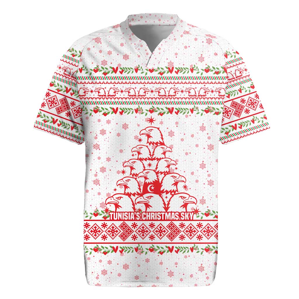 Tunisia Christmas Rugby Jersey with Red Falcon Tree White Snowflake Pattern and Festive Borders - Wonder Print Shop