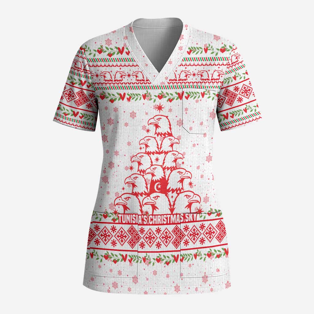 Tunisia Christmas Scrub Top with Red Falcon Tree White Snowflake Pattern and Festive Borders - Wonder Print Shop