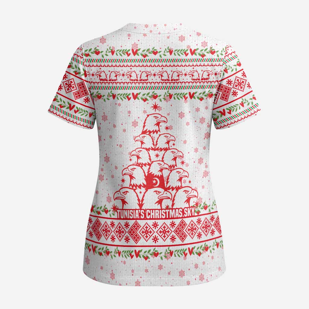 Tunisia Christmas Scrub Top with Red Falcon Tree White Snowflake Pattern and Festive Borders - Wonder Print Shop