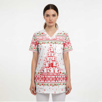 Tunisia Christmas Scrub Top with Red Falcon Tree White Snowflake Pattern and Festive Borders - Wonder Print Shop