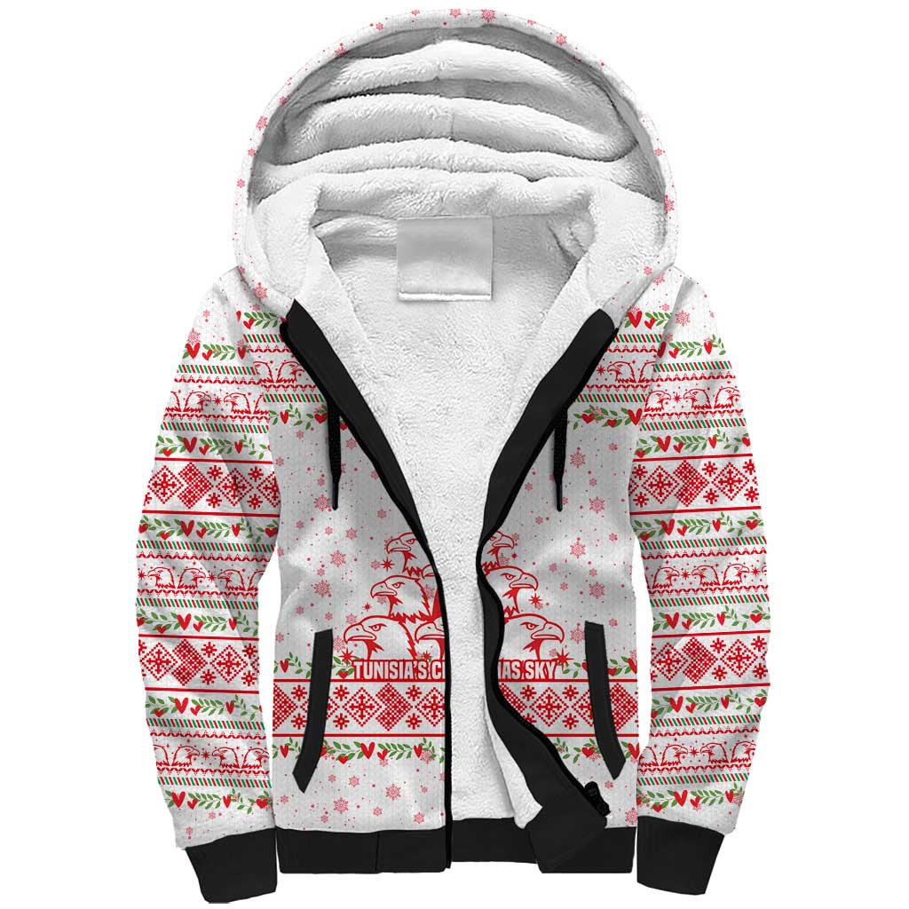 Tunisia Christmas Sherpa Hoodie with Red Falcon Tree White Snowflake Pattern and Festive Borders - Wonder Print Shop