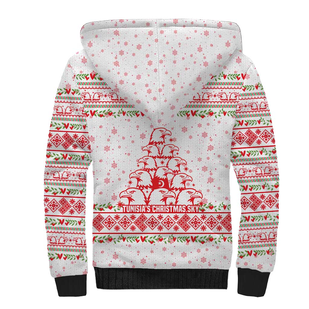 Tunisia Christmas Sherpa Hoodie with Red Falcon Tree White Snowflake Pattern and Festive Borders - Wonder Print Shop