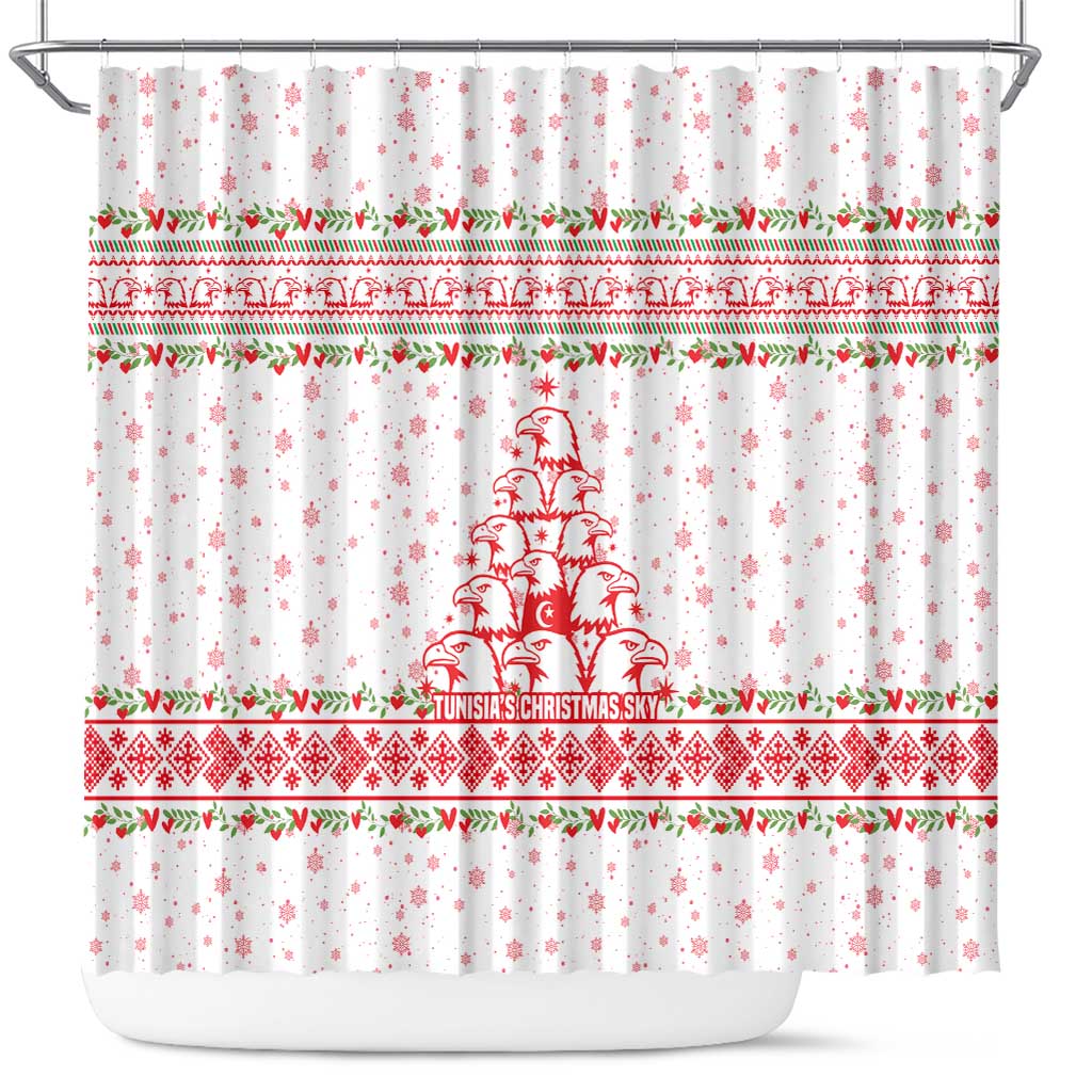 Tunisia Christmas Shower Curtain with Red Falcon Tree White Snowflake Pattern and Festive Borders - Wonder Print Shop