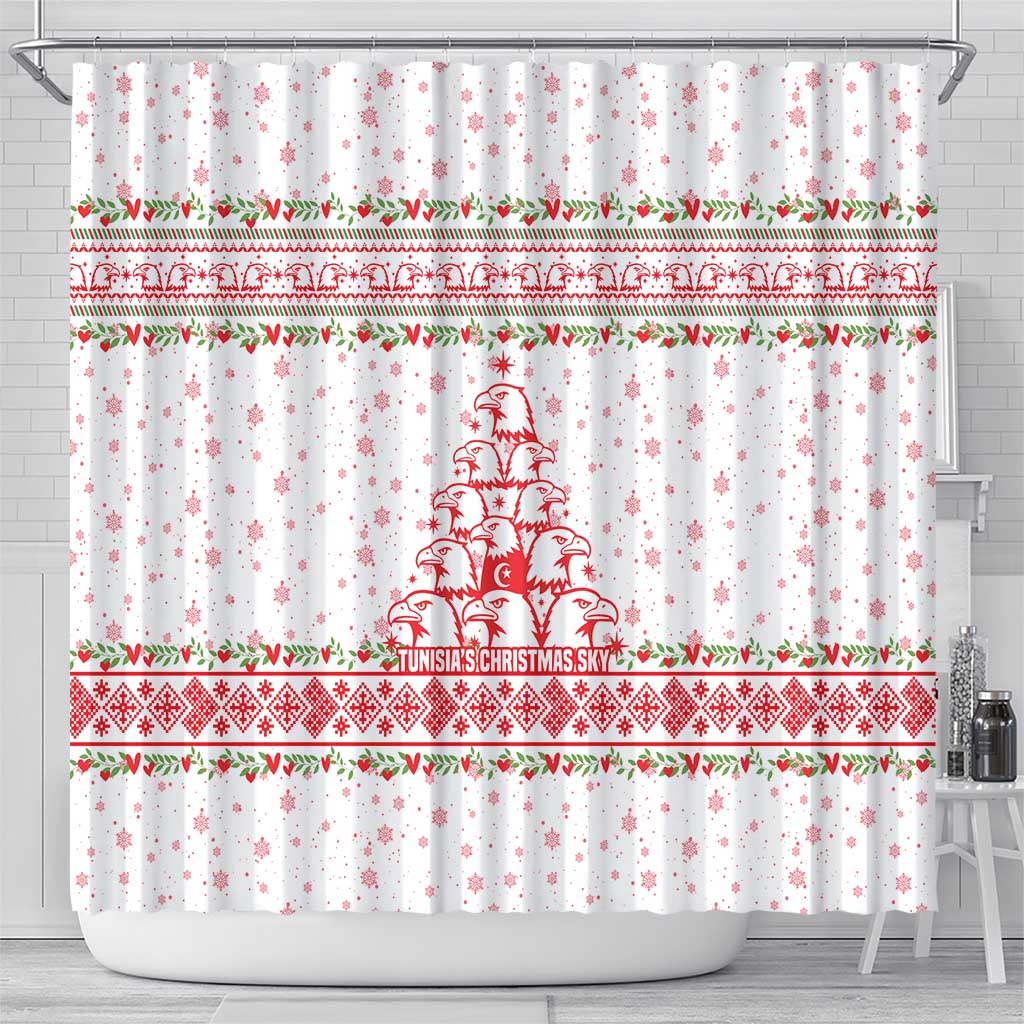 Tunisia Christmas Shower Curtain with Red Falcon Tree White Snowflake Pattern and Festive Borders - Wonder Print Shop