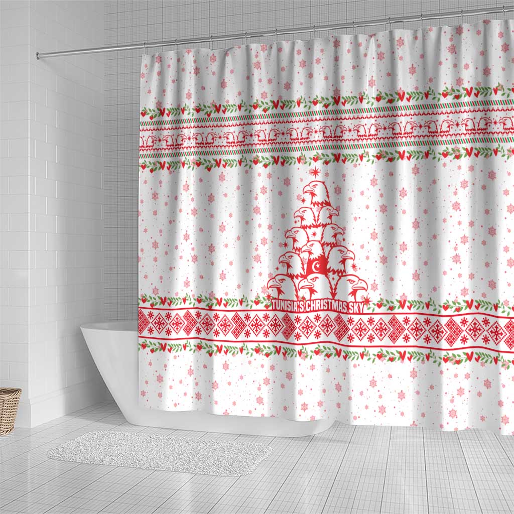 Tunisia Christmas Shower Curtain with Red Falcon Tree White Snowflake Pattern and Festive Borders - Wonder Print Shop