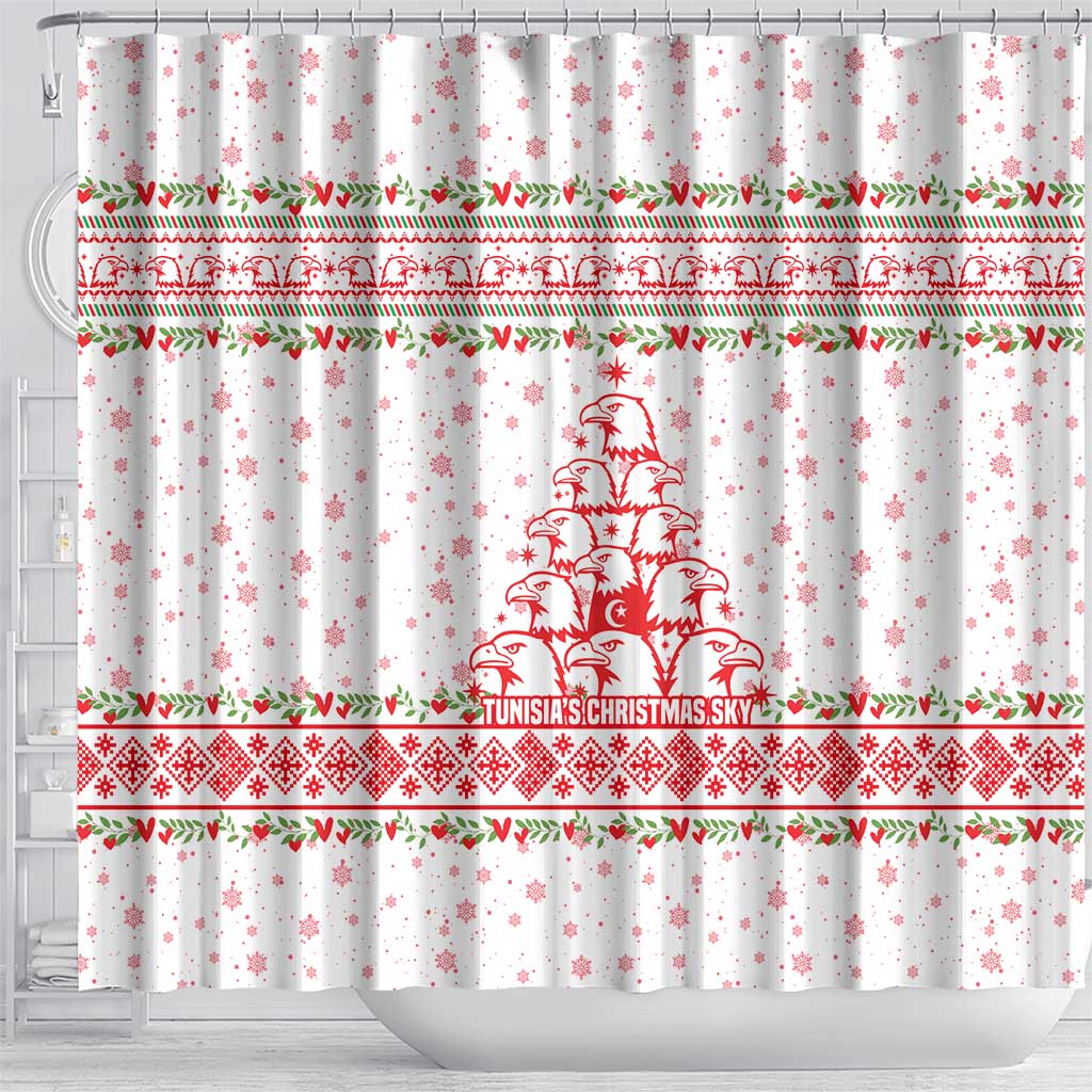 Tunisia Christmas Shower Curtain with Red Falcon Tree White Snowflake Pattern and Festive Borders - Wonder Print Shop