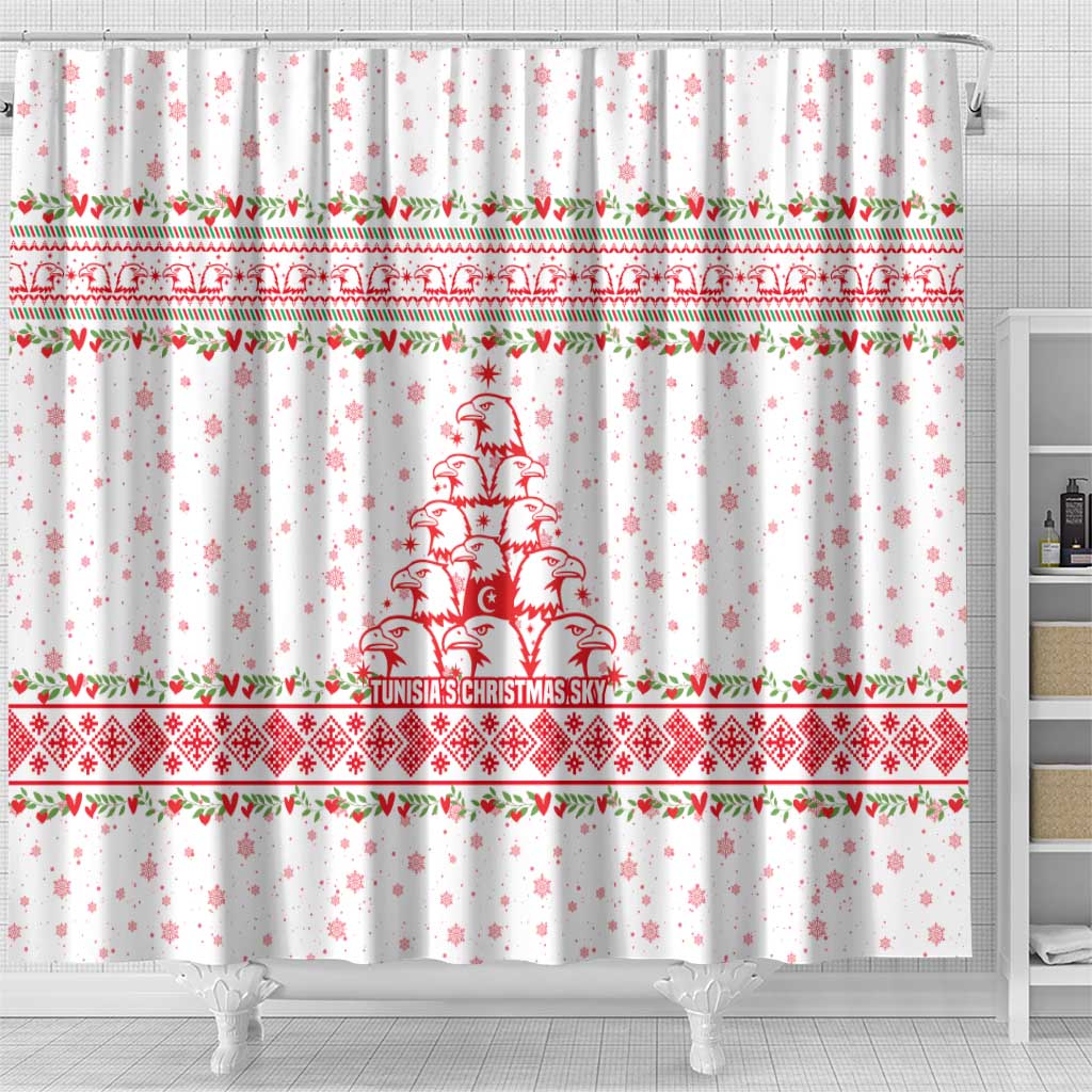 Tunisia Christmas Shower Curtain with Red Falcon Tree White Snowflake Pattern and Festive Borders - Wonder Print Shop