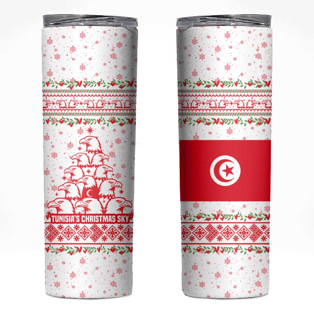 Tunisia Christmas Skinny Tumbler with Red Falcon Tree White Snowflake Pattern and Festive Borders - Wonder Print Shop