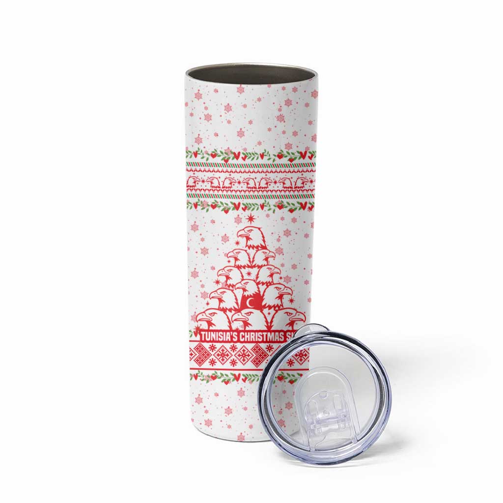 Tunisia Christmas Skinny Tumbler with Red Falcon Tree White Snowflake Pattern and Festive Borders - Wonder Print Shop