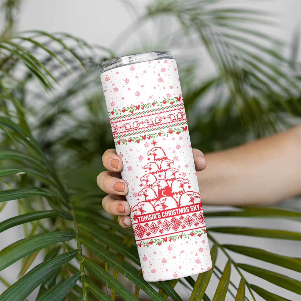 Tunisia Christmas Skinny Tumbler with Red Falcon Tree White Snowflake Pattern and Festive Borders - Wonder Print Shop