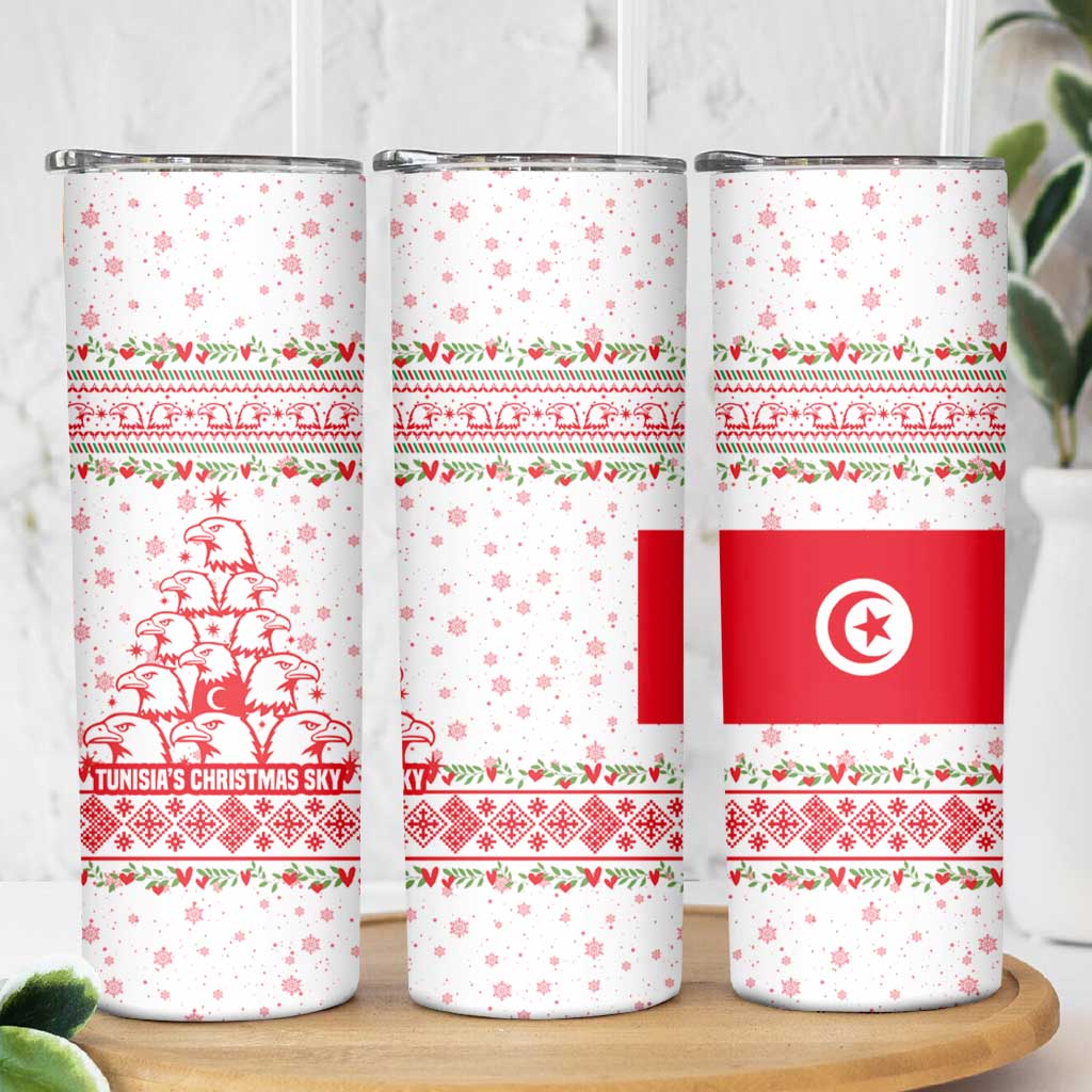 Tunisia Christmas Skinny Tumbler with Red Falcon Tree White Snowflake Pattern and Festive Borders - Wonder Print Shop
