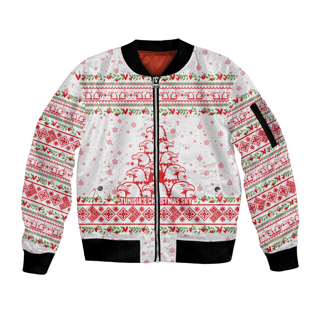 Tunisia Christmas Sleeve Zip Bomber Jacket with Red Falcon Tree White Snowflake Pattern and Festive Borders - Wonder Print Shop
