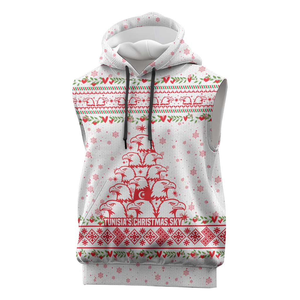 Tunisia Christmas Sleeveless Hoodie with Red Falcon Tree White Snowflake Pattern and Festive Borders - Wonder Print Shop