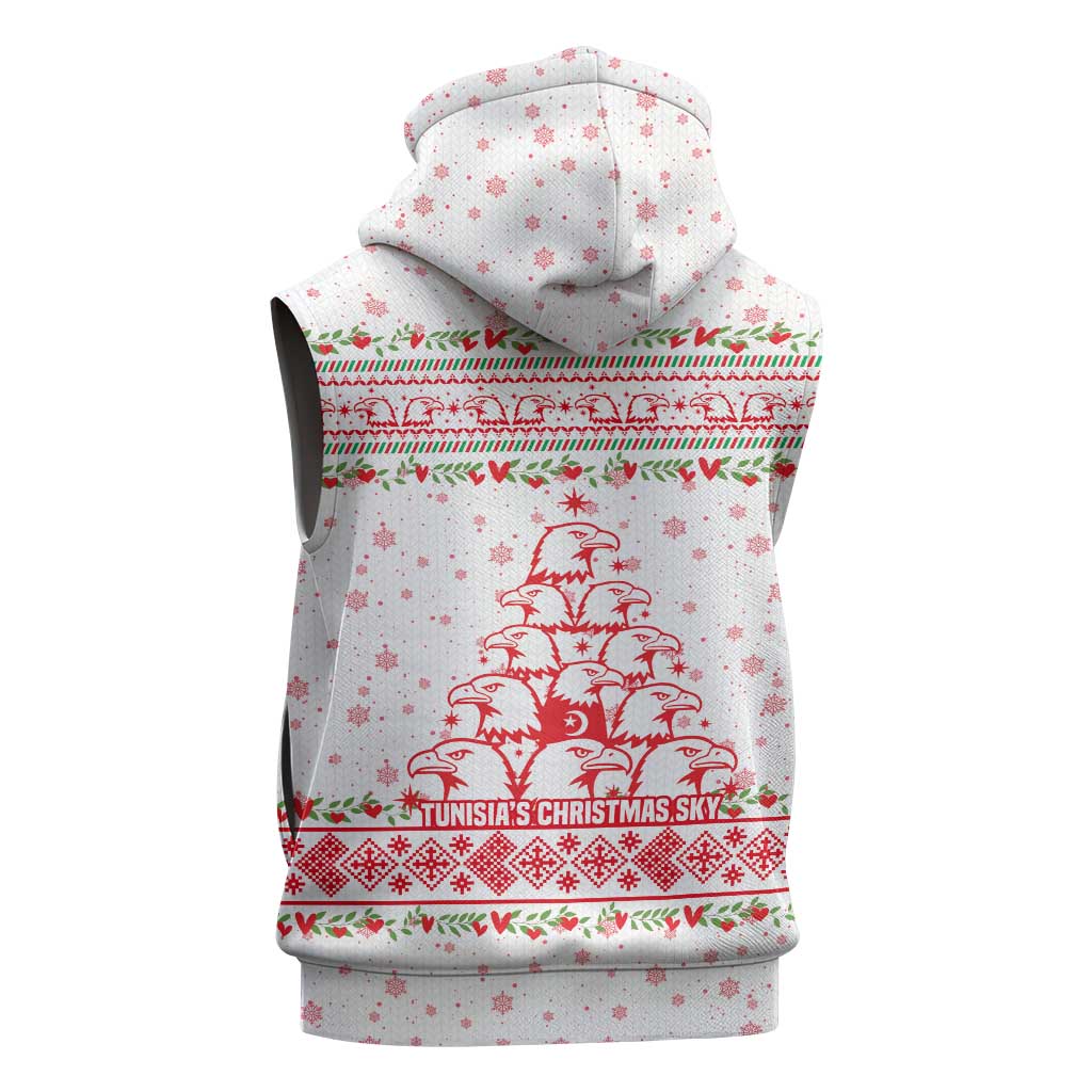 Tunisia Christmas Sleeveless Hoodie with Red Falcon Tree White Snowflake Pattern and Festive Borders - Wonder Print Shop